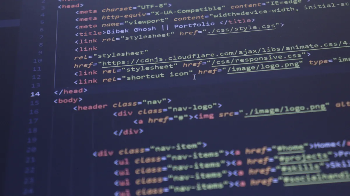 close-up of HTML webpage code on screen